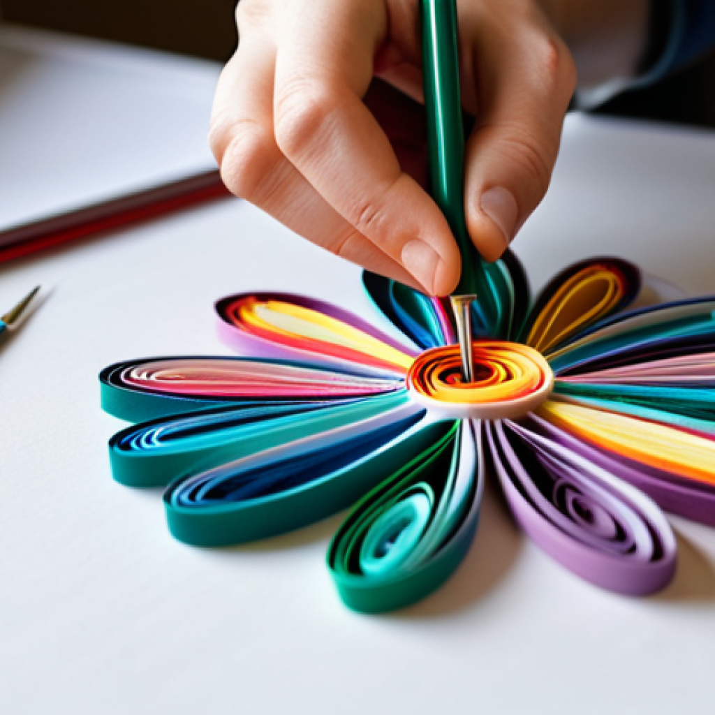 ** A close-up shot of a crafter's hands meticulously quilling colorful paper strips into an intricate floral design, using specialized tools on a clean workspace. The scene is bathed in soft, natural light, highlighting the delicate details. Fully clothed, safe for work, appropriate content, professional, modest, perfect anatomy, well-formed hands.

**