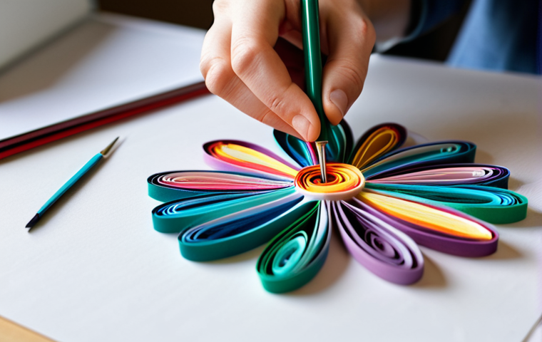 ** A close-up shot of a crafter's hands meticulously quilling colorful paper strips into an intricate floral design, using specialized tools on a clean workspace. The scene is bathed in soft, natural light, highlighting the delicate details. Fully clothed, safe for work, appropriate content, professional, modest, perfect anatomy, well-formed hands.

**