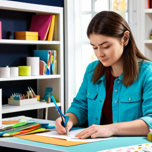 Crafting Station**

A brightly lit home studio with a woman working on a paper craft project. She is fully clothed, wearing a casual but professional outfit. The table is covered with colorful papers, scissors, glue, and various crafting tools. In the background, shelves display finished paper art pieces. Safe for work, appropriate content, professional crafting environment, perfect anatomy, well-formed hands, natural pose.

**