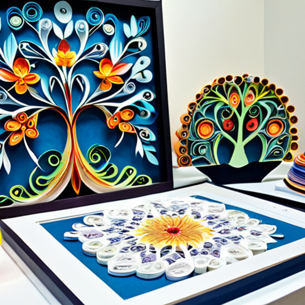 Intricate Paper Art Display**

"A brightly lit display showcasing the art of quilling and papercutting. Delicate, rolled paper designs and intricate paper-cut patterns are presented on stands. The scene includes a variety of colorful papers and tools like precision knives and scissors, arranged neatly. Background features a clean, modern craft studio setting. Safe for work, appropriate content, fully clothed, professional, modest, perfect anatomy, natural proportions, high quality."

**
