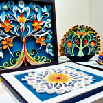 Intricate Paper Art Display**

"A brightly lit display showcasing the art of quilling and papercutting. Delicate, rolled paper designs and intricate paper-cut patterns are presented on stands. The scene includes a variety of colorful papers and tools like precision knives and scissors, arranged neatly. Background features a clean, modern craft studio setting. Safe for work, appropriate content, fully clothed, professional, modest, perfect anatomy, natural proportions, high quality."

**