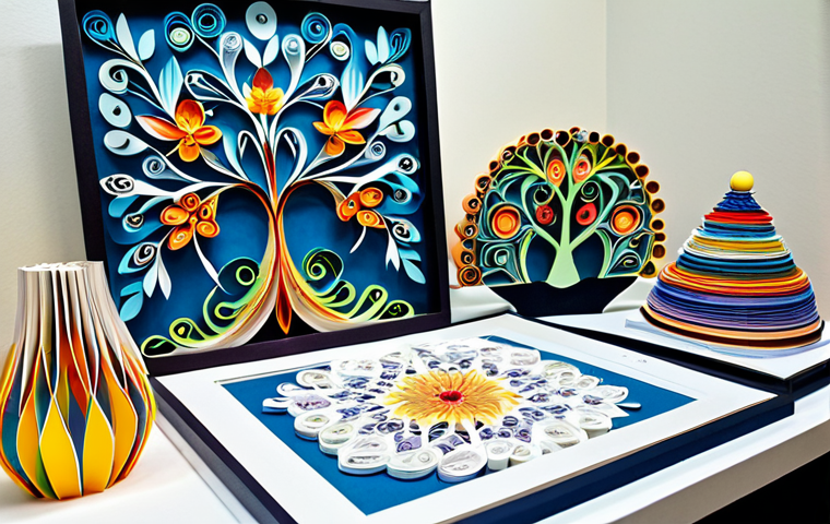 Intricate Paper Art Display**
"A brightly lit display showcasing the art of quilling and papercutting. Delicate, rolled paper designs and intricate paper-cut patterns are presented on stands. The scene includes a variety of colorful papers and tools like precision knives and scissors, arranged neatly. Background features a clean, modern craft studio setting. Safe for work, appropriate content, fully clothed, professional, modest, perfect anatomy, natural proportions, high quality."
**