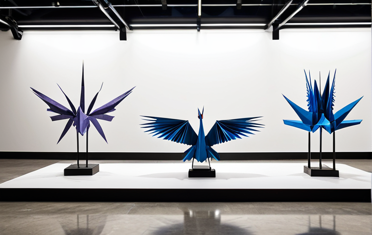**
"A brightly lit exhibition showcasing origami art. Focus on intricate paper cranes displayed on minimalist stands, bathed in soft, warm LED lighting. Background is a modern art gallery with polished concrete floors. Ensure perfect anatomy is not applicable as it's origami. High resolution, professional photography, safe for work, appropriate content, fully clothed (not applicable to the art itself), modest, family-friendly."
**