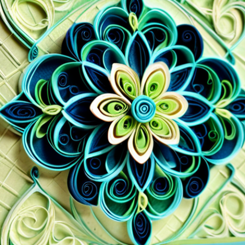 **Textured Papercraft Card:** "Close-up shot of a handcrafted greeting card made with textured paper, featuring layered quilling details and a subtle nacarado (pearlescent) finish. The card displays a harmonious color palette of blues and greens, invoking a sense of calm. Perfect anatomy, well-formed details, natural lighting, professional photography, high quality, safe for work, appropriate content, fully clothed, modest, family-friendly."