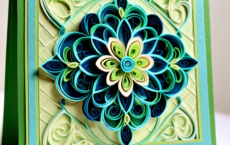 **Textured Papercraft Card:** "Close-up shot of a handcrafted greeting card made with textured paper, featuring layered quilling details and a subtle nacarado (pearlescent) finish. The card displays a harmonious color palette of blues and greens, invoking a sense of calm. Perfect anatomy, well-formed details, natural lighting, professional photography, high quality, safe for work, appropriate content, fully clothed, modest, family-friendly."