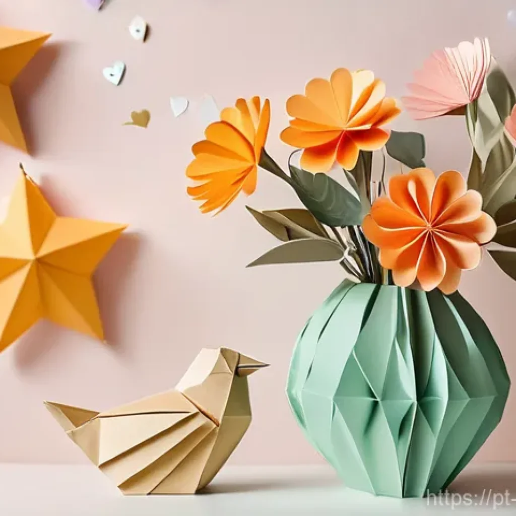 종이공예 작품 아이디어 - "A cozy, brightly lit living room corner at golden hour, adorned with elegant paper crafts. Soft, wa...