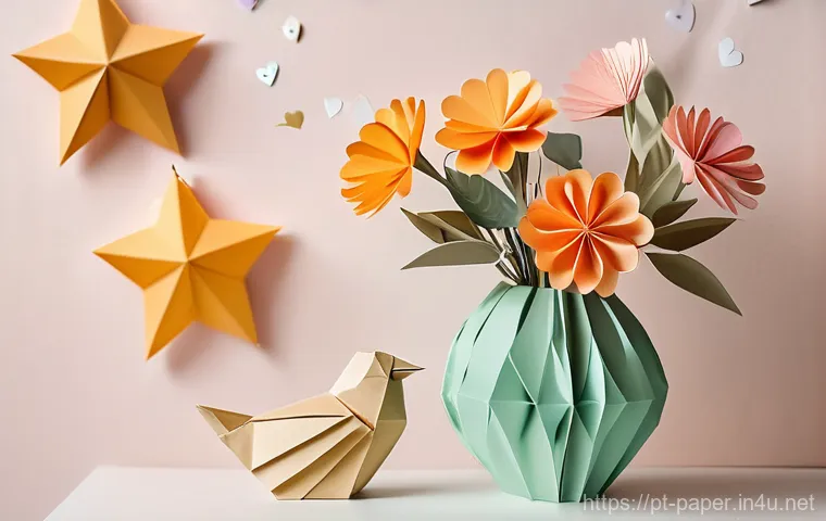 종이공예 작품 아이디어 - "A cozy, brightly lit living room corner at golden hour, adorned with elegant paper crafts. Soft, wa...