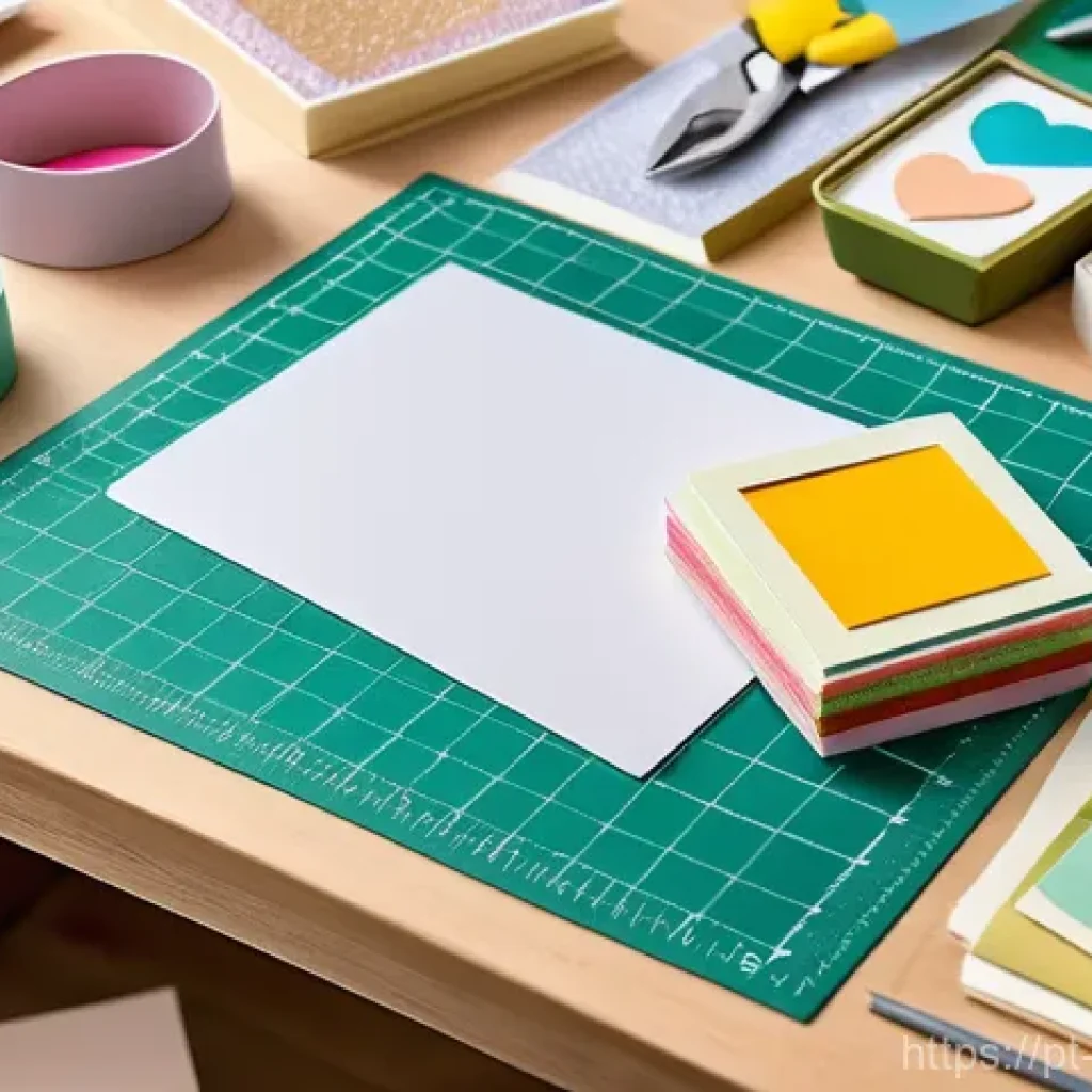 종이카드 만들기 - A brightly lit, clean craft table showcasing an array of essential card-making materials. In the for...