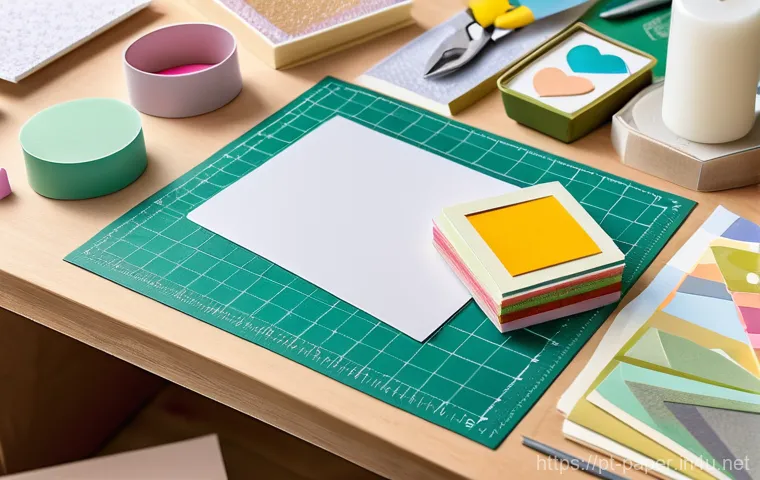 종이카드 만들기 - A brightly lit, clean craft table showcasing an array of essential card-making materials. In the for...