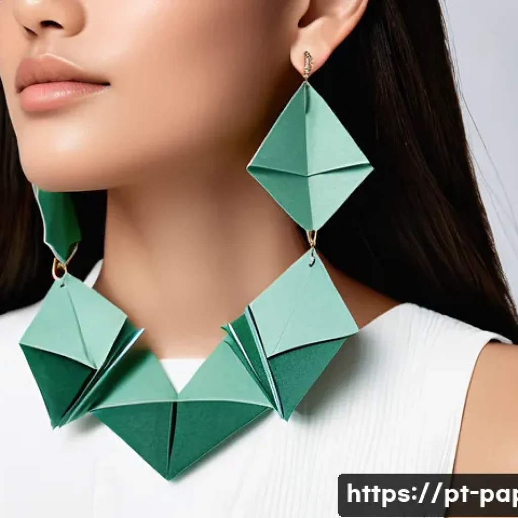 종이로 만든 악세사리 - A close-up portrait of a stylish young woman wearing delicate, handcrafted paper earrings and a laye...