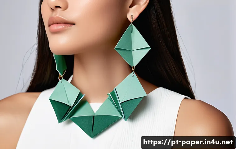 종이로 만든 악세사리 - A close-up portrait of a stylish young woman wearing delicate, handcrafted paper earrings and a laye...