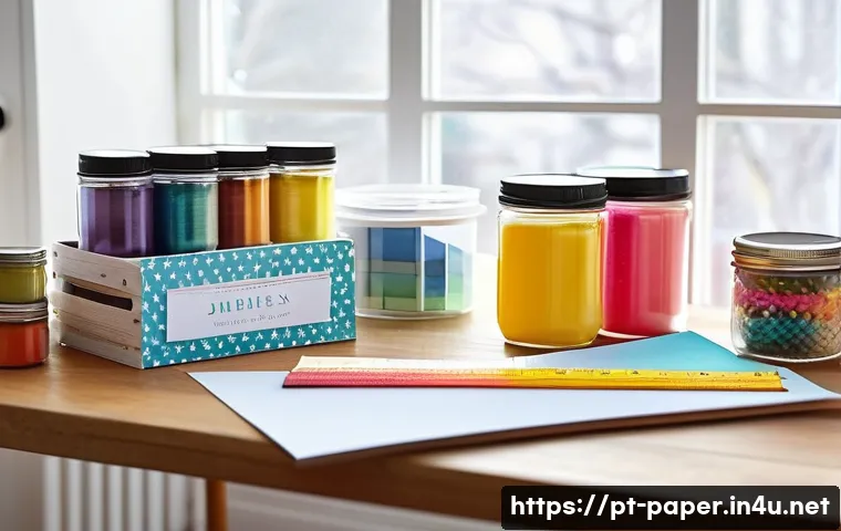 종이공예 팁과 트릭 - A bright and organized craft workspace featuring a wooden table with natural sunlight streaming thro...