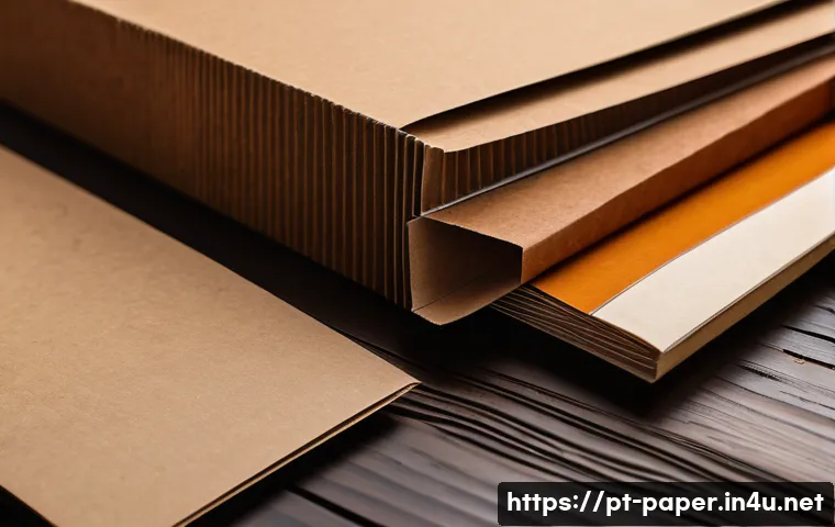 종이상자 만들기 - A detailed close-up of various types of paper materials used for making boxes, including smooth dupl...