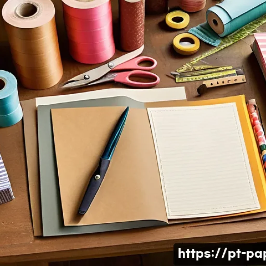 종이 스크랩북 만들기 - A cozy, sunlit crafting workspace featuring a variety of high-quality textured papers including kraf...
