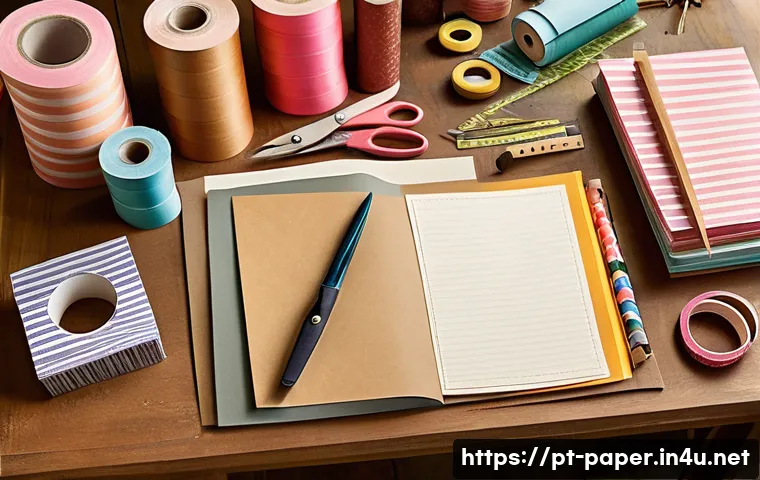 종이 스크랩북 만들기 - A cozy, sunlit crafting workspace featuring a variety of high-quality textured papers including kraf...