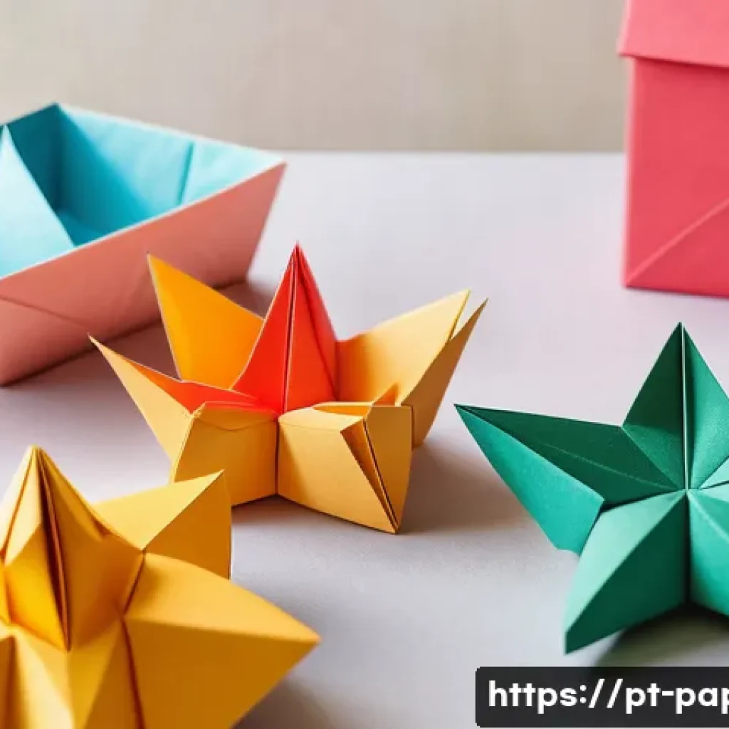 종이공예 작품을 위한 예술적 접근 - A detailed origami scene showcasing a variety of paper types including thin, flexible washi paper wi...