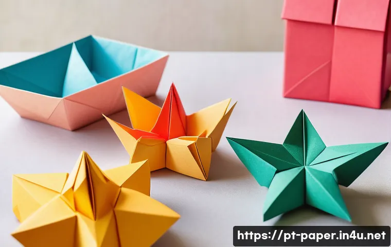 종이공예 작품을 위한 예술적 접근 - A detailed origami scene showcasing a variety of paper types including thin, flexible washi paper wi...