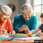 Home 20 종이공예로 아이들 놀잇감 만들기 - A cozy family scene in a bright, colorful living room where a grandmother, mother, and two children ...