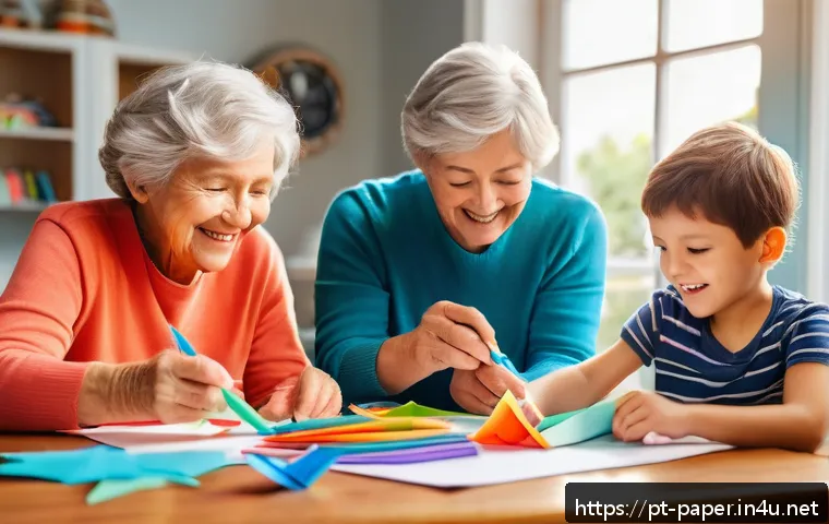 종이공예로 아이들 놀잇감 만들기 - A cozy family scene in a bright, colorful living room where a grandmother, mother, and two children ...