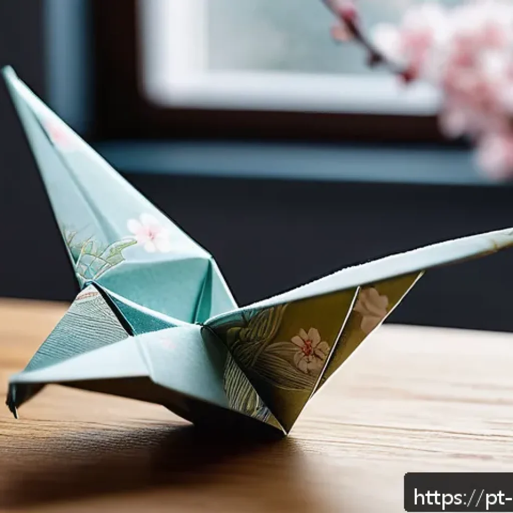 종이예술 작품 분석 - A detailed close-up of an intricate origami crane crafted from delicate washi paper, showcasing prec...