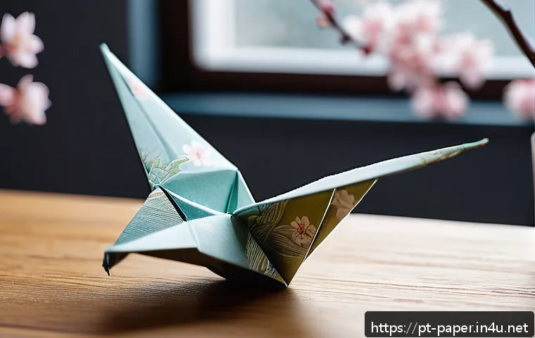 종이예술 작품 분석 - A detailed close-up of an intricate origami crane crafted from delicate washi paper, showcasing prec...