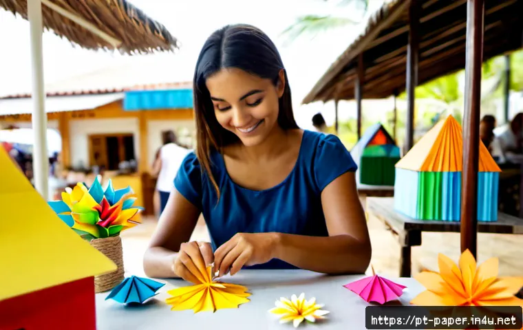 종이공예 제품 판매 방법 - Photorealistic small business scene at a sunny Brazilian artisan market, a cheerful craft seller arr...