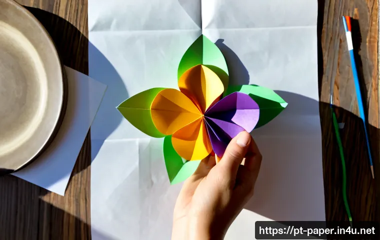 종이공예를 배우는 방법 - Photorealistic overhead view of a beginner learning paper craft at a sunlit home table in Portugal, ...
