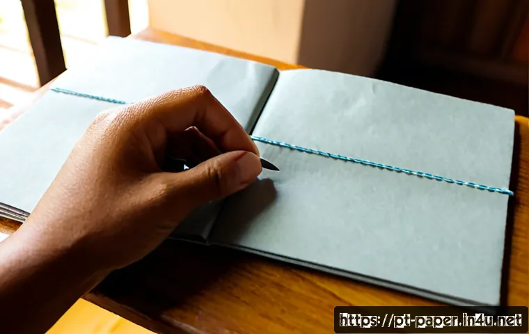 종이로 만드는 수첩 - Photorealistic close-up of adult hands folding and stitching small blank paper sheets into a handmad...